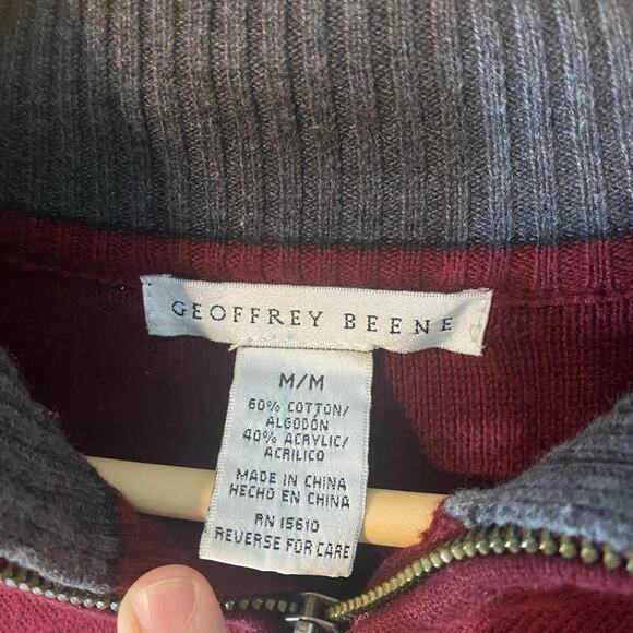 Geoffrey Beene Men’s Quarter Zip Sweater Burgundy Gray Stripe Cotton Blend M - Picture 3 of 5